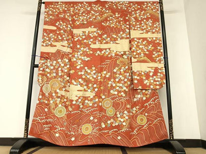 平和屋着物●京友禅白木染匠　二代目　白木周生　駒刺繍　立波花文　金彩　振袖　正絹　逸品　AABA0344zg