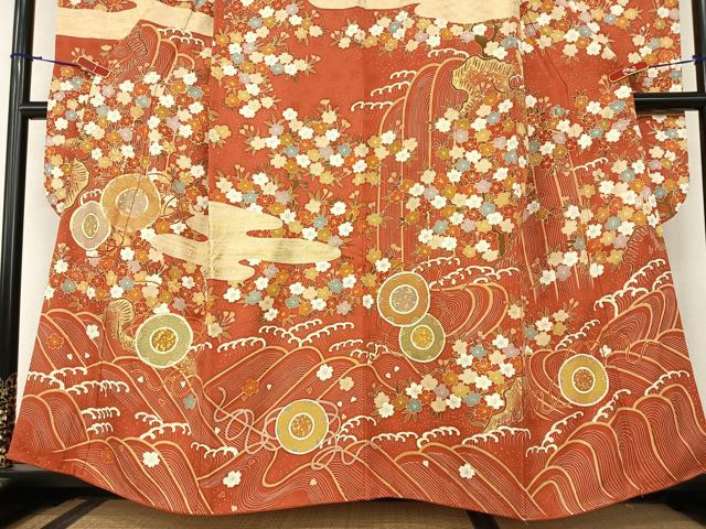平和屋着物●京友禅白木染匠　二代目　白木周生　駒刺繍　立波花文　金彩　振袖　正絹　逸品　AABA0344zg