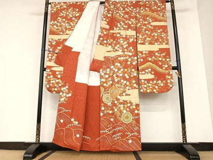 平和屋着物●京友禅白木染匠　二代目　白木周生　駒刺繍　立波花文　金彩　振袖　正絹　逸品　AABA0344zg