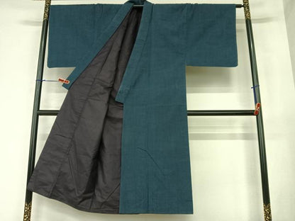 平和屋着物●男性　紬　アンサンブル　結城紬織　色無地　濃藍色　反端付き　正絹　逸品　AABA0349zg