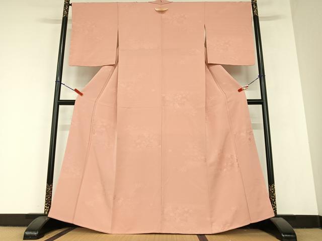 平和屋着物●上質な色無地　風景草花地紋　退紅色　正絹　逸品　AABA0384zg