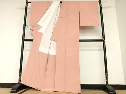 平和屋着物●上質な色無地　風景草花地紋　退紅色　正絹　逸品　AABA0384zg
