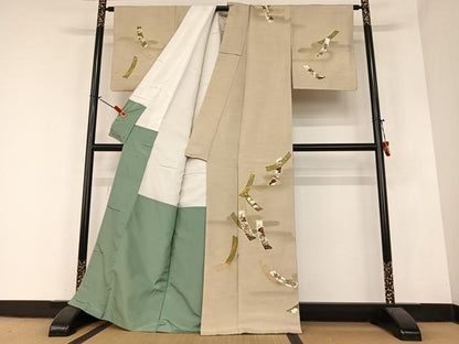 平和屋着物●訪問着　紬地　短冊花文　金彩　正絹　逸品　AABA0398zg