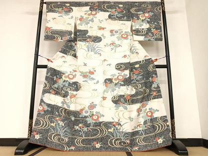 平和屋着物●訪問着 流水草花文 金彩 正絹 逸品 AABA0403zg