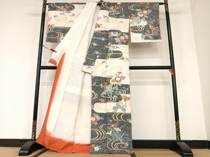 平和屋着物●訪問着 流水草花文 金彩 正絹 逸品 AABA0403zg