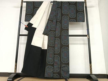 平和屋着物●本場大島紬 割り込み絣 幾何学文様 黒地 正絹 逸品 AABA0407zg