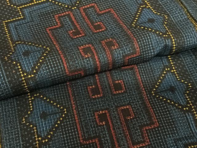 平和屋着物●本場大島紬 割り込み絣 幾何学文様 黒地 正絹 逸品 AABA0407zg