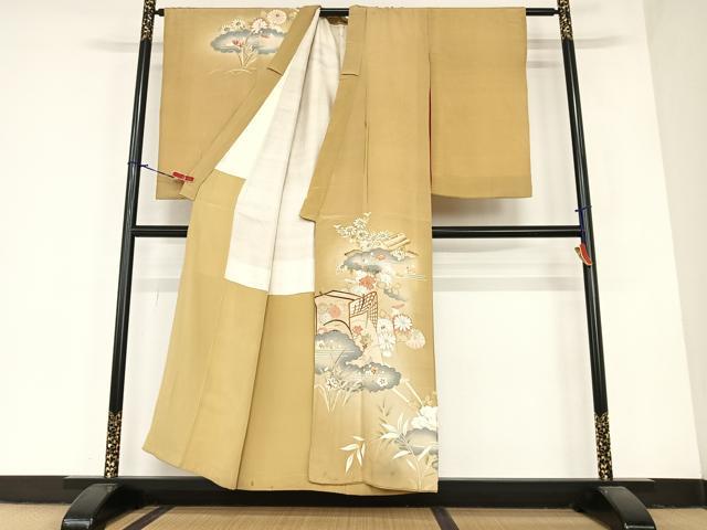 平和屋着物●アンティーク　大正ロマン　小振袖　二尺袖　駒刺繍　御所車花文　金彩　正絹　逸品　AABA0418zg
