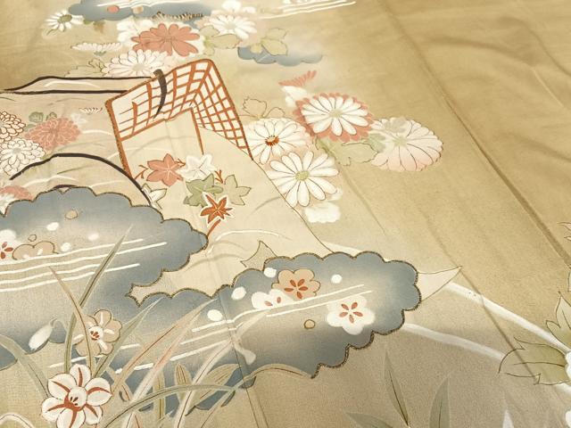 平和屋着物●アンティーク　大正ロマン　小振袖　二尺袖　駒刺繍　御所車花文　金彩　正絹　逸品　AABA0418zg