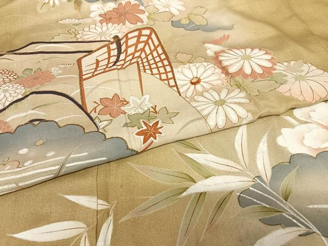 平和屋着物●アンティーク　大正ロマン　小振袖　二尺袖　駒刺繍　御所車花文　金彩　正絹　逸品　AABA0418zg