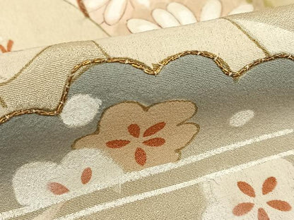 平和屋着物●アンティーク　大正ロマン　小振袖　二尺袖　駒刺繍　御所車花文　金彩　正絹　逸品　AABA0418zg