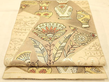 平和屋着物◎六通柄袋帯　陶器花文　金銀糸　正絹　逸品　AABA0527tn