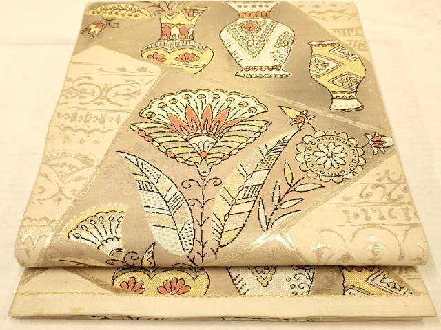 平和屋着物◎六通柄袋帯　陶器花文　金銀糸　正絹　逸品　AABA0527tn