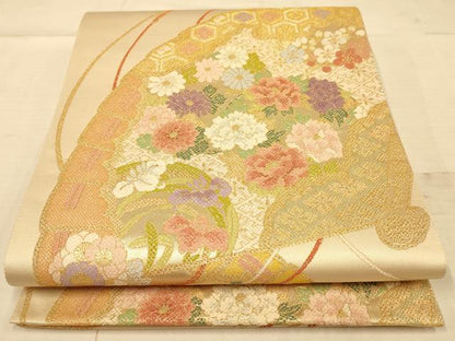 平和屋着物◎六通柄袋帯　唐織　扇草花文　金糸　正絹　逸品　AABA0535tn