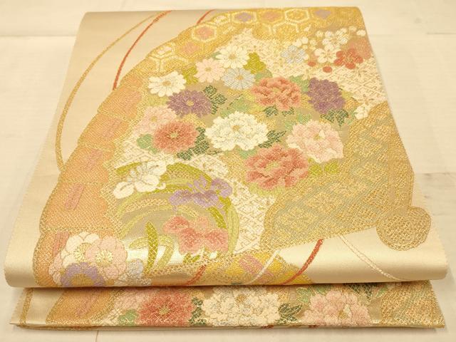 平和屋着物◎六通柄袋帯　唐織　扇草花文　金糸　正絹　逸品　AABA0535tn