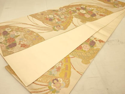 平和屋着物◎六通柄袋帯　唐織　扇草花文　金糸　正絹　逸品　AABA0535tn