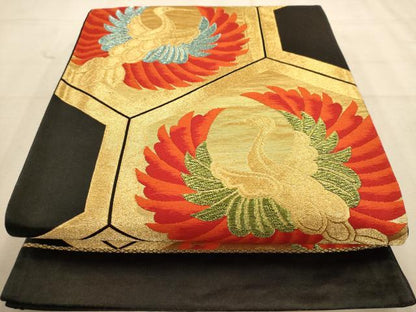 平和屋着物◎六通柄袋帯 唐織 飛鶴文 黒地 金糸 正絹 逸品 AABA0704dt