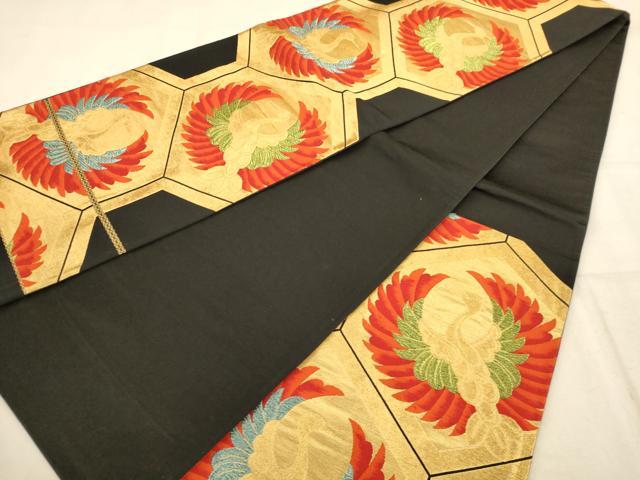 平和屋着物◎六通柄袋帯 唐織 飛鶴文 黒地 金糸 正絹 逸品 AABA0704dt