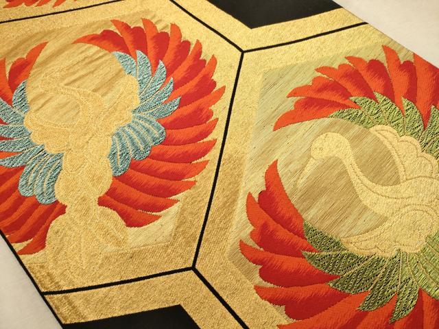 平和屋着物◎六通柄袋帯 唐織 飛鶴文 黒地 金糸 正絹 逸品 AABA0704dt