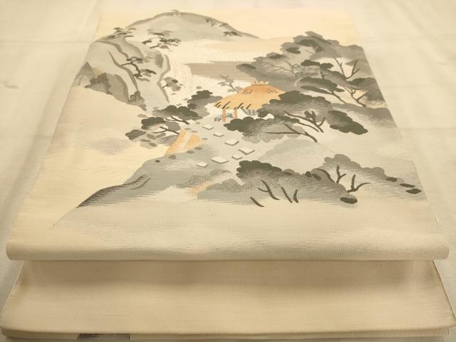 平和屋着物◎綴れ　八寸名古屋帯　風景文　銀糸　正絹　逸品　AABA0719dt