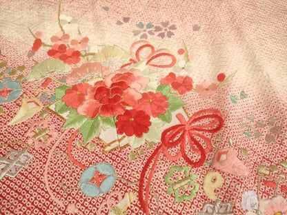平和屋着物∵女の子 十三参り 子供 祝着 総絞り 駒刺繍 扇面花文 暈し染め 金銀糸 銀彩 正絹 逸品 未使用 AABA1124ja