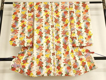 平和屋着物[]七五三　女の子　３歳　祝着　花蝶間道　金彩　正絹　逸品　AABA1239ja