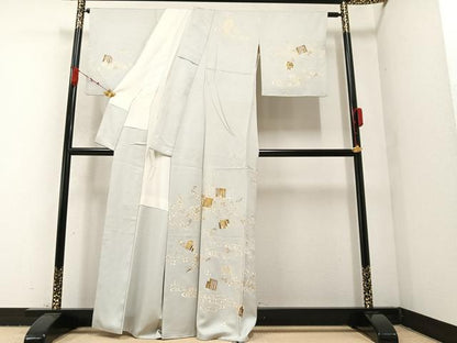 平和屋着物●訪問着　駒刺繍　黄金繭　流水枝花文　源氏香　金彩　正絹　逸品　AABA1253ph