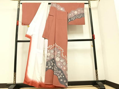 平和屋着物●訪問着　辻が花　絞り　真赭色　鈴乃屋扱い　正絹　逸品　AABA1255ph