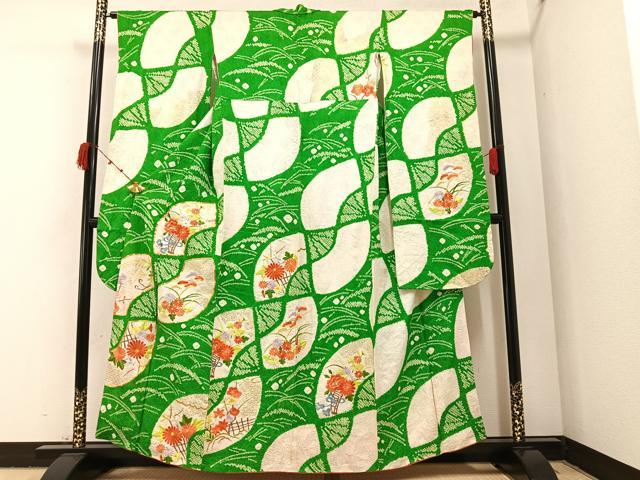 平和屋着物●豪華振袖 駒刺繍 絞り 扇面草花文 金彩 正絹 逸品 AABA1267ph