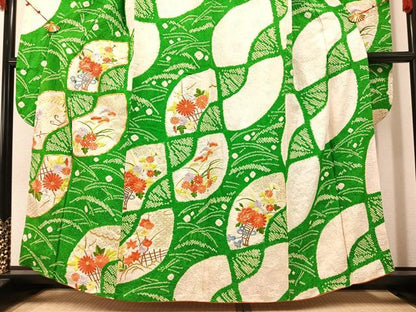 平和屋着物●豪華振袖 駒刺繍 絞り 扇面草花文 金彩 正絹 逸品 AABA1267ph