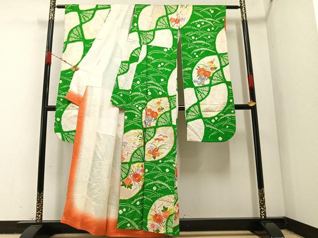 平和屋着物●豪華振袖 駒刺繍 絞り 扇面草花文 金彩 正絹 逸品 AABA1267ph