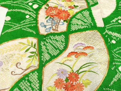 平和屋着物●豪華振袖 駒刺繍 絞り 扇面草花文 金彩 正絹 逸品 AABA1267ph