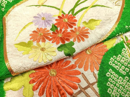 平和屋着物●豪華振袖 駒刺繍 絞り 扇面草花文 金彩 正絹 逸品 AABA1267ph