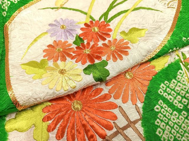 平和屋着物●豪華振袖 駒刺繍 絞り 扇面草花文 金彩 正絹 逸品 AABA1267ph