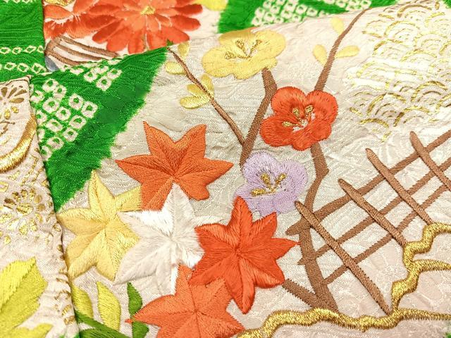 平和屋着物●豪華振袖 駒刺繍 絞り 扇面草花文 金彩 正絹 逸品 AABA1267ph
