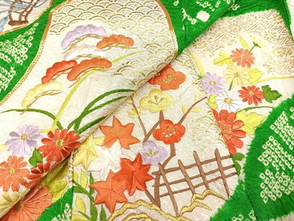 平和屋着物●豪華振袖 駒刺繍 絞り 扇面草花文 金彩 正絹 逸品 AABA1267ph