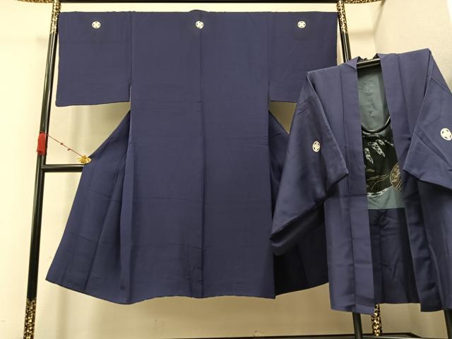 平和屋着物●男性 色紋付 羽織セット 着物：青褐色 羽織：褐色 正絹 逸品 AABA1278ph