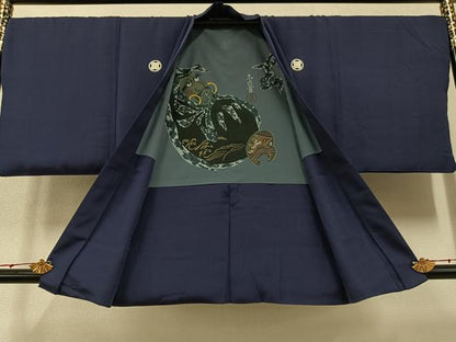 平和屋着物●男性 色紋付 羽織セット 着物：青褐色 羽織：褐色 正絹 逸品 AABA1278ph