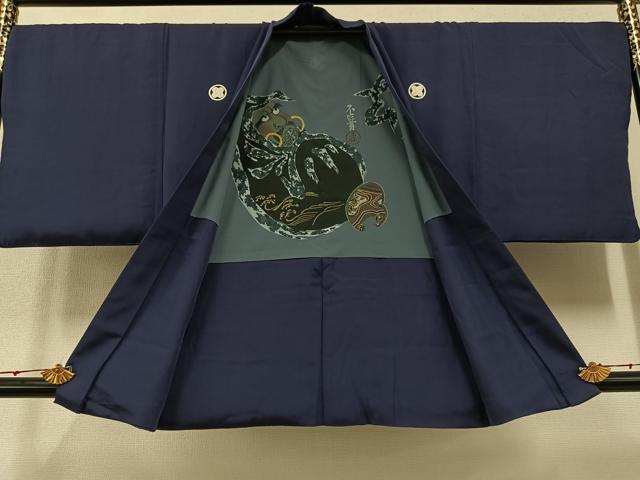 平和屋着物●男性 色紋付 羽織セット 着物：青褐色 羽織：褐色 正絹 逸品 AABA1278ph
