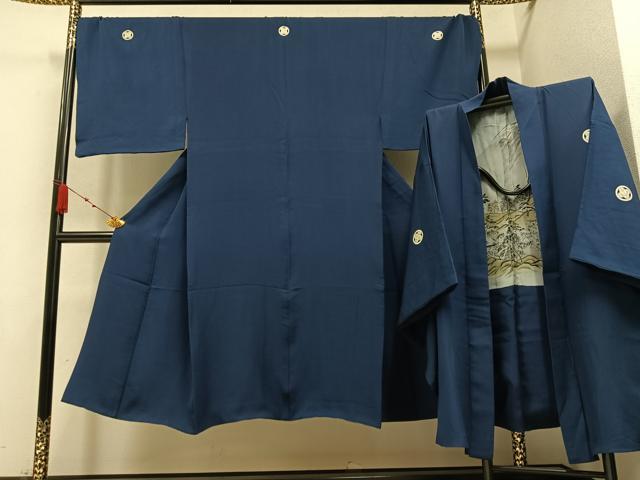 平和屋着物●男性 色紋付 羽織セット 藍鉄色 正絹 逸品 AABA1280ph
