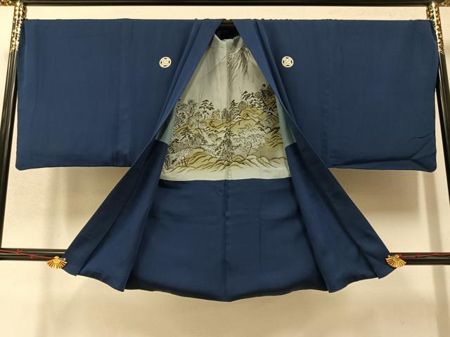 平和屋着物●男性 色紋付 羽織セット 藍鉄色 正絹 逸品 AABA1280ph