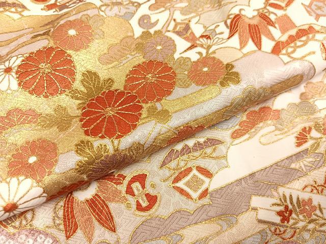 平和屋着物●訪問着　駒刺繍　草花宝尽くし　金彩　正絹　逸品　AABG3451ph