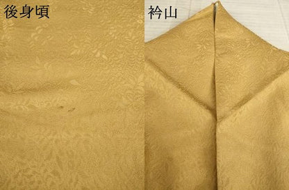 平和屋着物●上質な色無地 堅牢染 花源氏物語 黄唐茶色 丹後ちりめん 反端付き 正絹 逸品 AABA1329ck