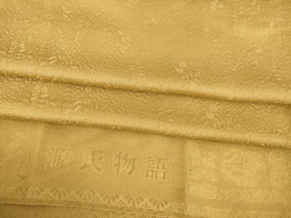 平和屋着物●上質な色無地 堅牢染 花源氏物語 黄唐茶色 丹後ちりめん 反端付き 正絹 逸品 AABA1329ck
