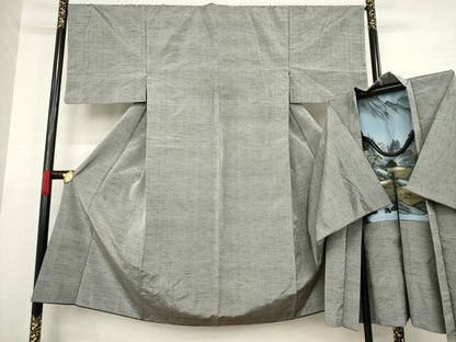 平和屋着物●男性　紬　アンサンブル　色無地　煤色　正絹　逸品　AABA1349ck