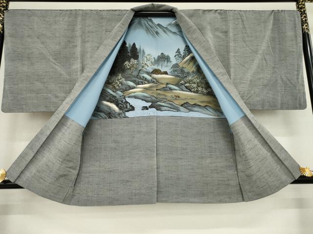 平和屋着物●男性　紬　アンサンブル　色無地　煤色　正絹　逸品　AABA1349ck