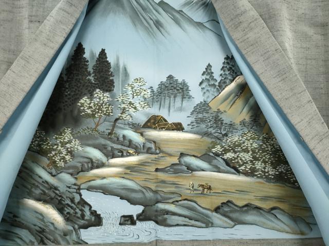平和屋着物●男性　紬　アンサンブル　色無地　煤色　正絹　逸品　AABA1349ck