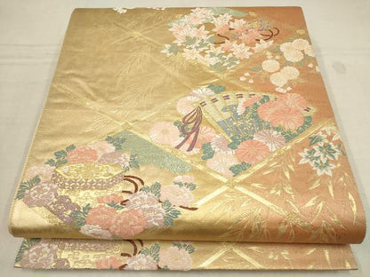 平和屋着物▼六通柄袋帯　扇面花菱文　金糸　正絹　逸品　AABA1395wj