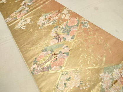平和屋着物▼六通柄袋帯　扇面花菱文　金糸　正絹　逸品　AABA1395wj