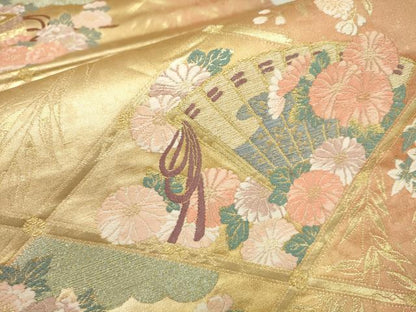 平和屋着物▼六通柄袋帯　扇面花菱文　金糸　正絹　逸品　AABA1395wj